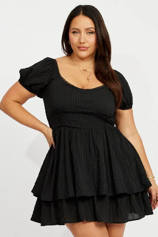 Black Picot Trim Milkmaid Mini Dress