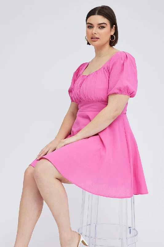 Pink Mini Dress Sweetheart Neck Tie Waist Puff Sleeve