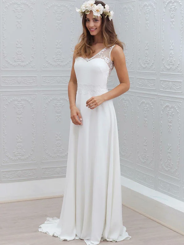 Simple Chiffon V-neck Neckline A-line Wedding Dresses With Appliqued WD182