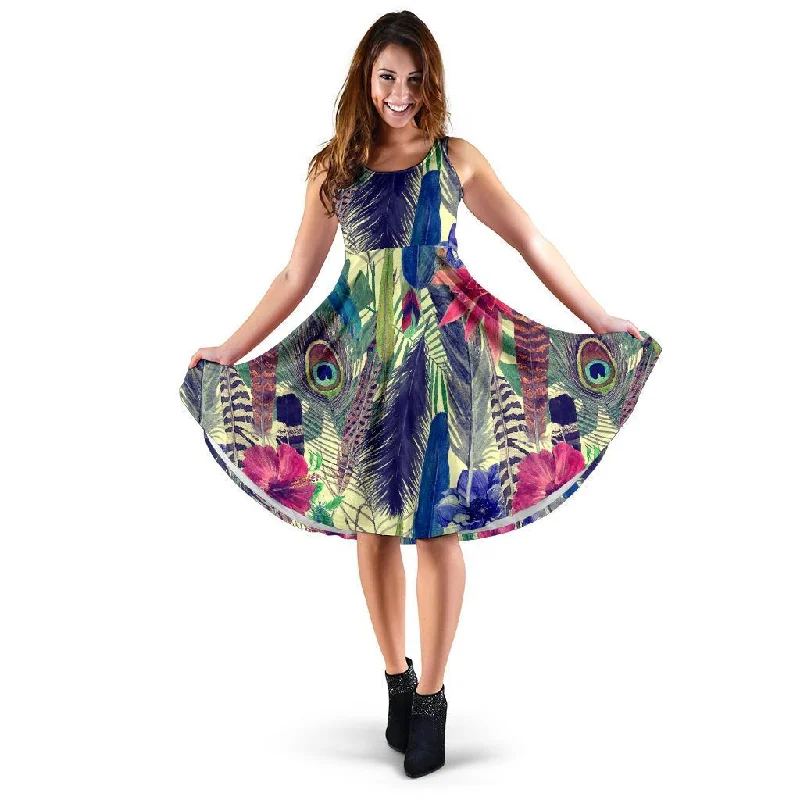 Peacock Feather Floral Pattern Print Dress