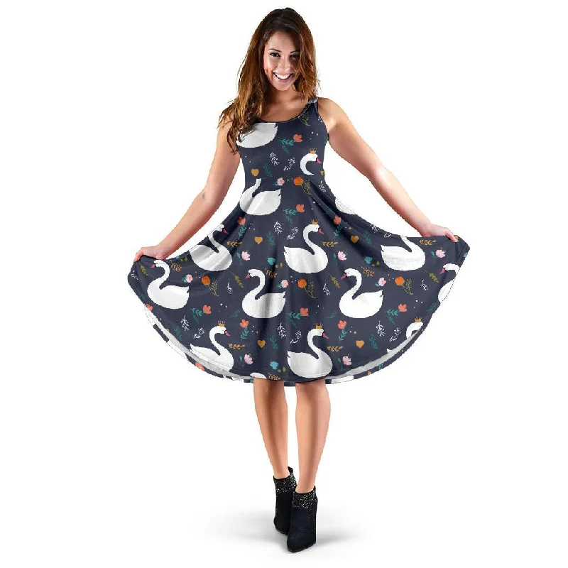 Queen Floral Swan Pattern Print Dress