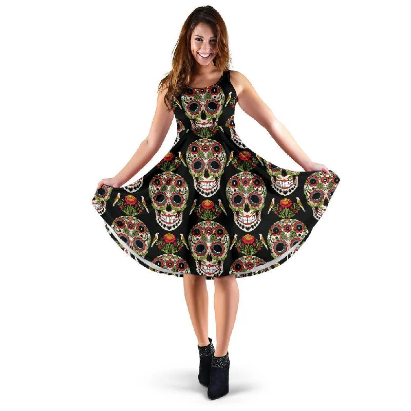 Skeleton Floral Rose Sugar Skull Girly Pattern Print Dress