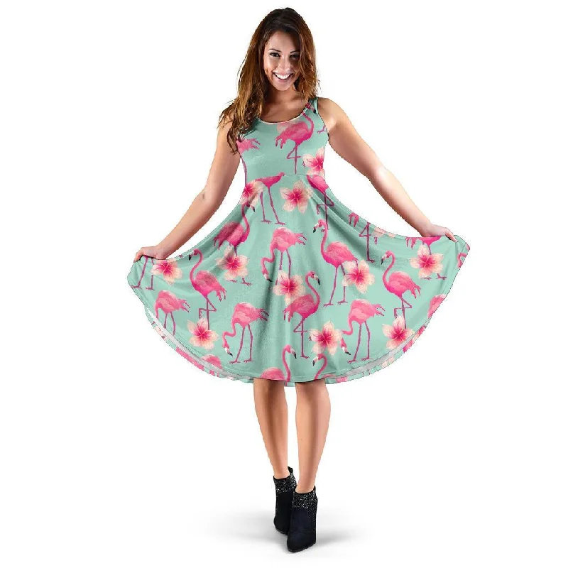 Tropical Flamingo Hibiscus Hawaiian Floral Pattern Print Dress