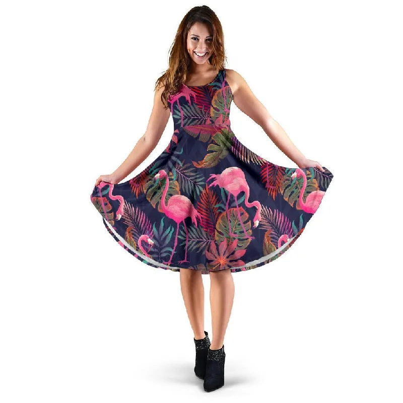 Tropical Flamingo Palm Leaves Hawaiian Floral Pattern Print Dress