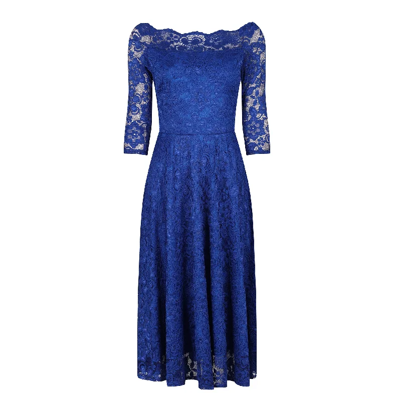 Royal Blue Lace Vintage Style Swing Dress With 3/4 Sleeves & Boat Neck