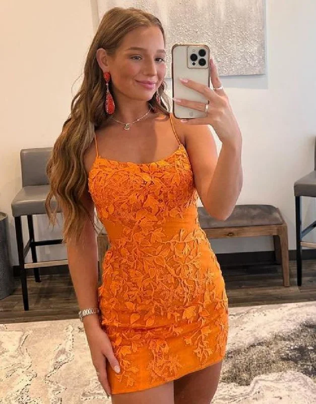 Orange Spaghetti Straps Bodycon Homecoming Dress With Appliques